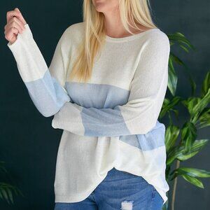DAVI & DANI Plus Size Light Blue & White Colorblock Lightweight Sweater, Casual